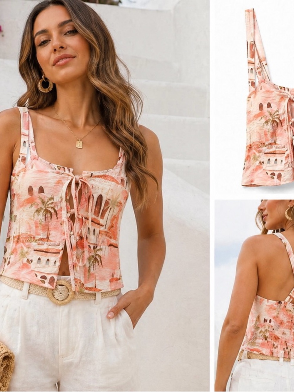 NWT Petal & Pup Aemma Tie Front Tank Peach Palm Print Crop Cross Back Top Small